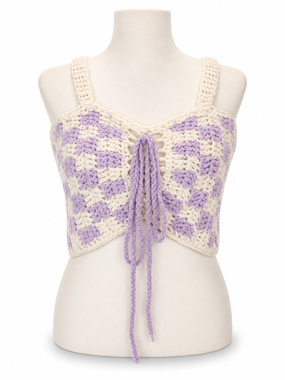 Handmade Crochet Tie-Front Crop Top in Lavender & Cream